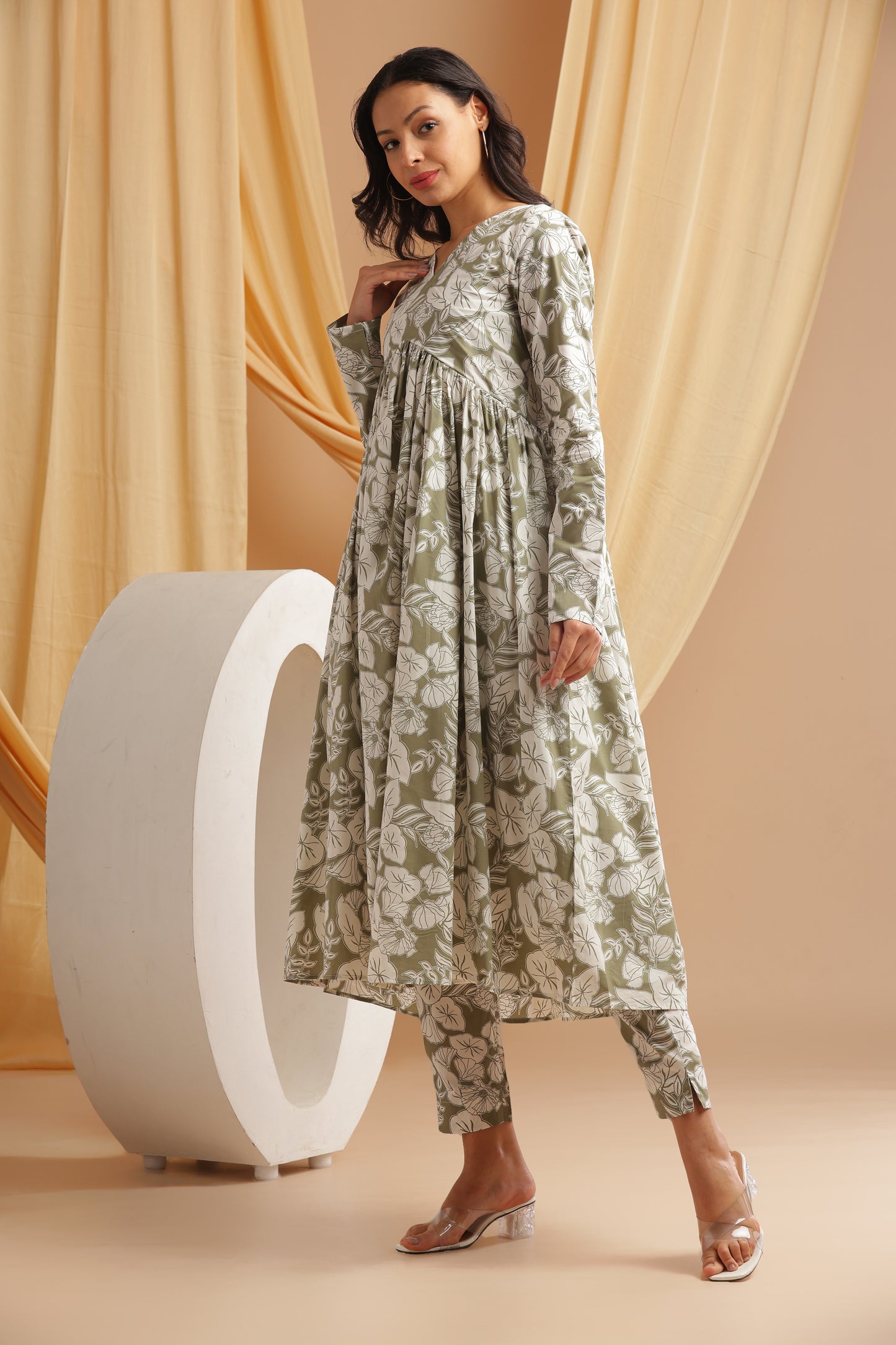 Olive Green Alia cut anarkali Coord set (YM0033)