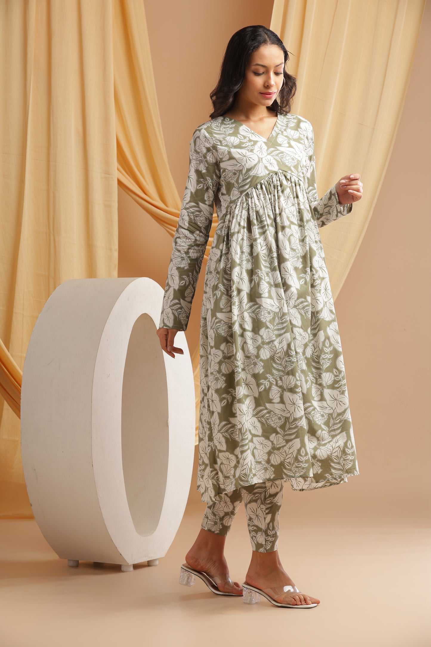 Olive Green Alia cut anarkali Coord set (YM0033)