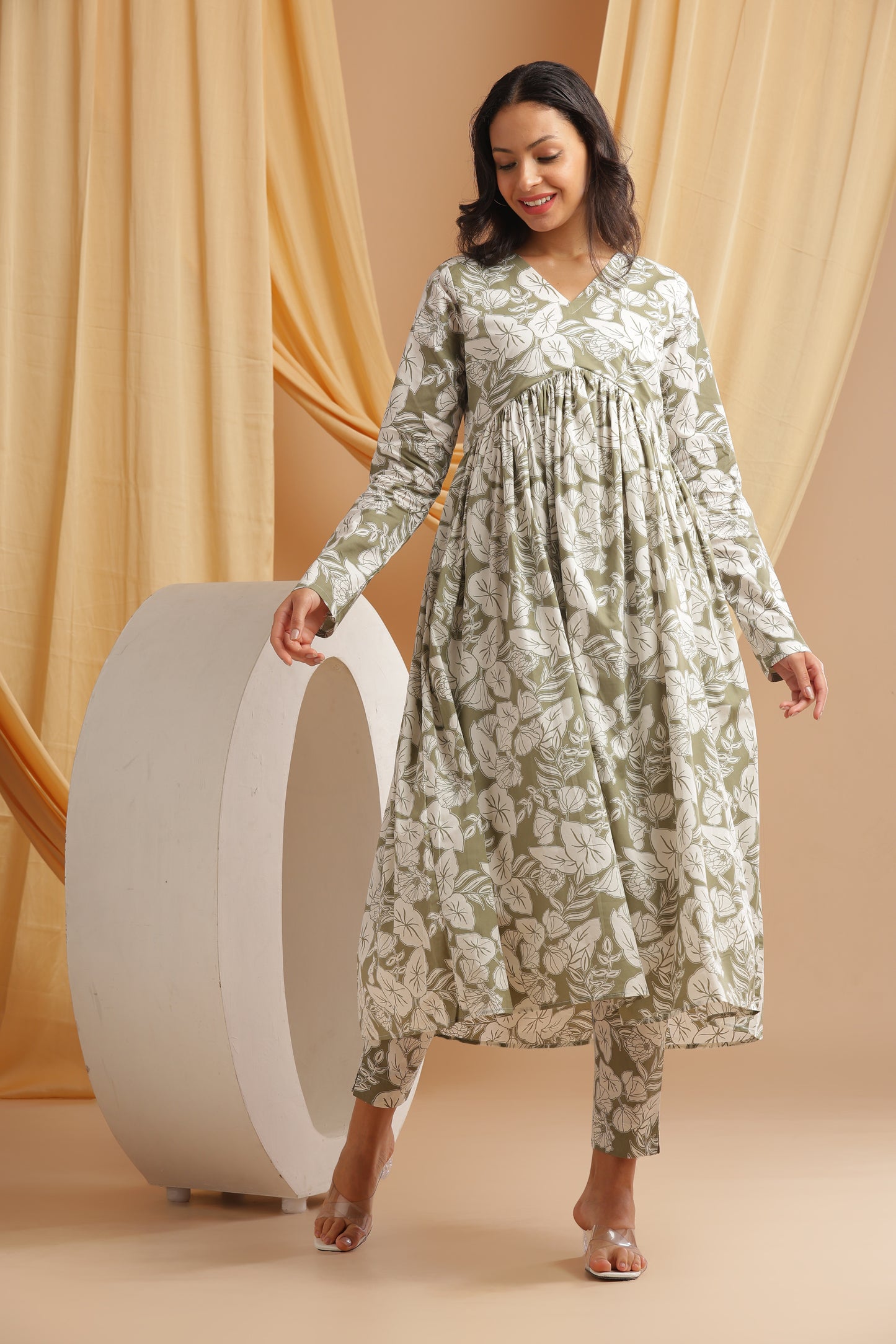 Olive Green Alia cut anarkali Coord set (YM0033)