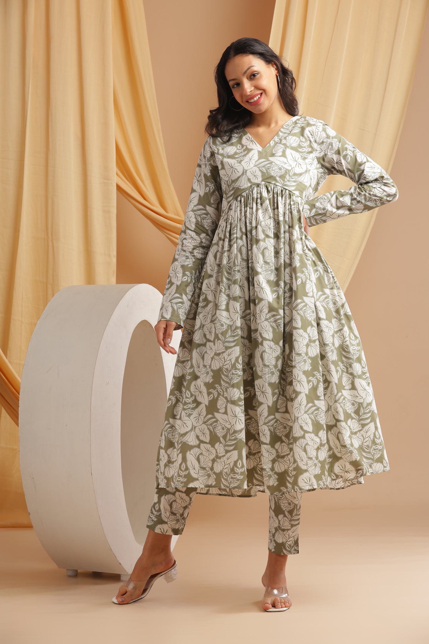 Olive Green Alia cut anarkali Coord set (YM0033)