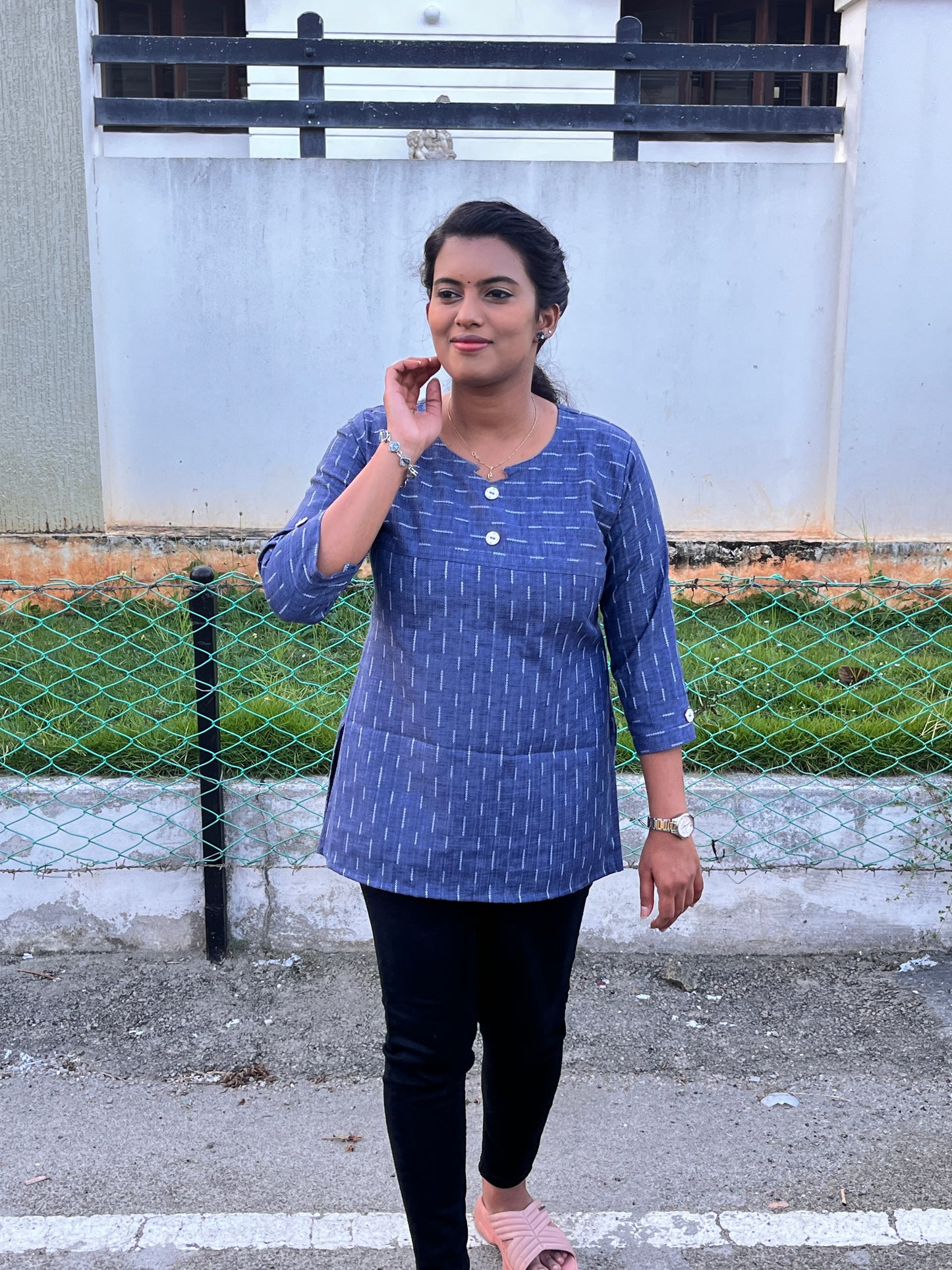 Blue Weave Cotton Short Top (YM0009)