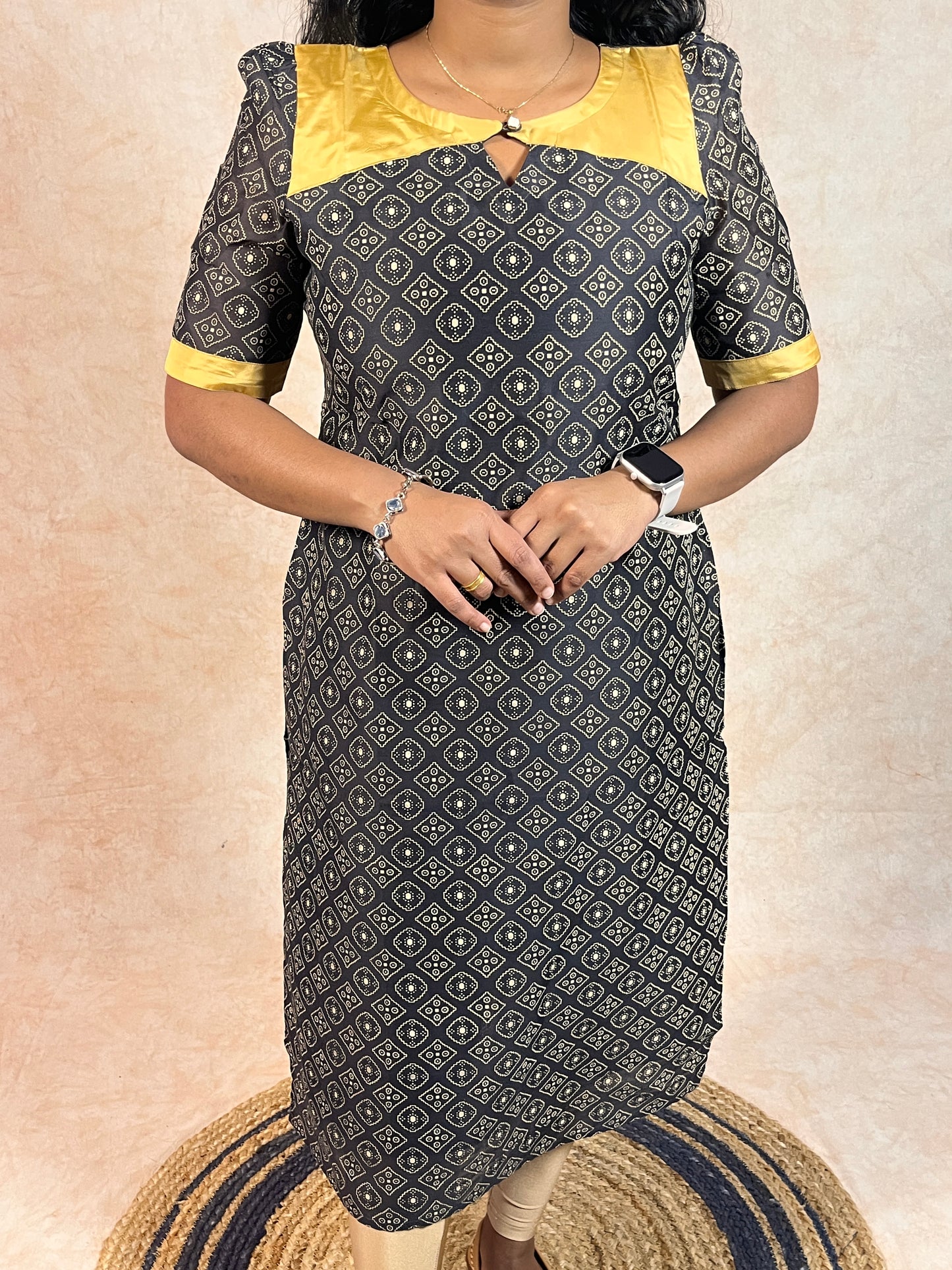 Black and Gold Printed Chanderi Kurti (YM0031)