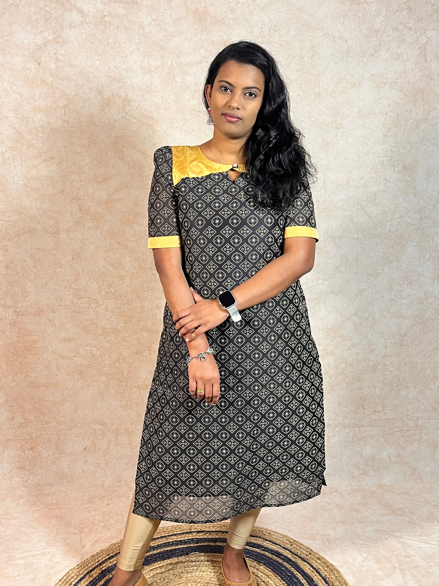 Black and Gold Printed Chanderi Kurti (YM0031)