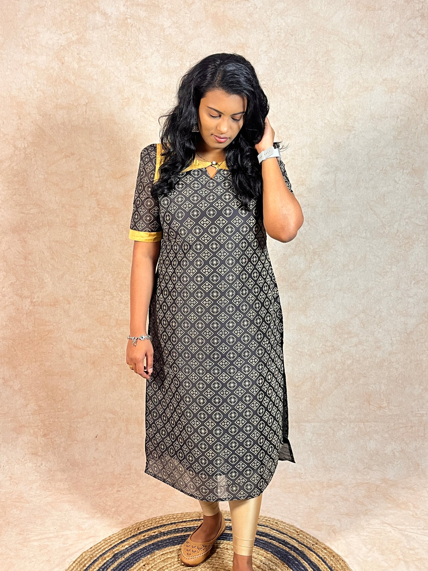 Black and Gold Printed Chanderi Kurti (YM0031)