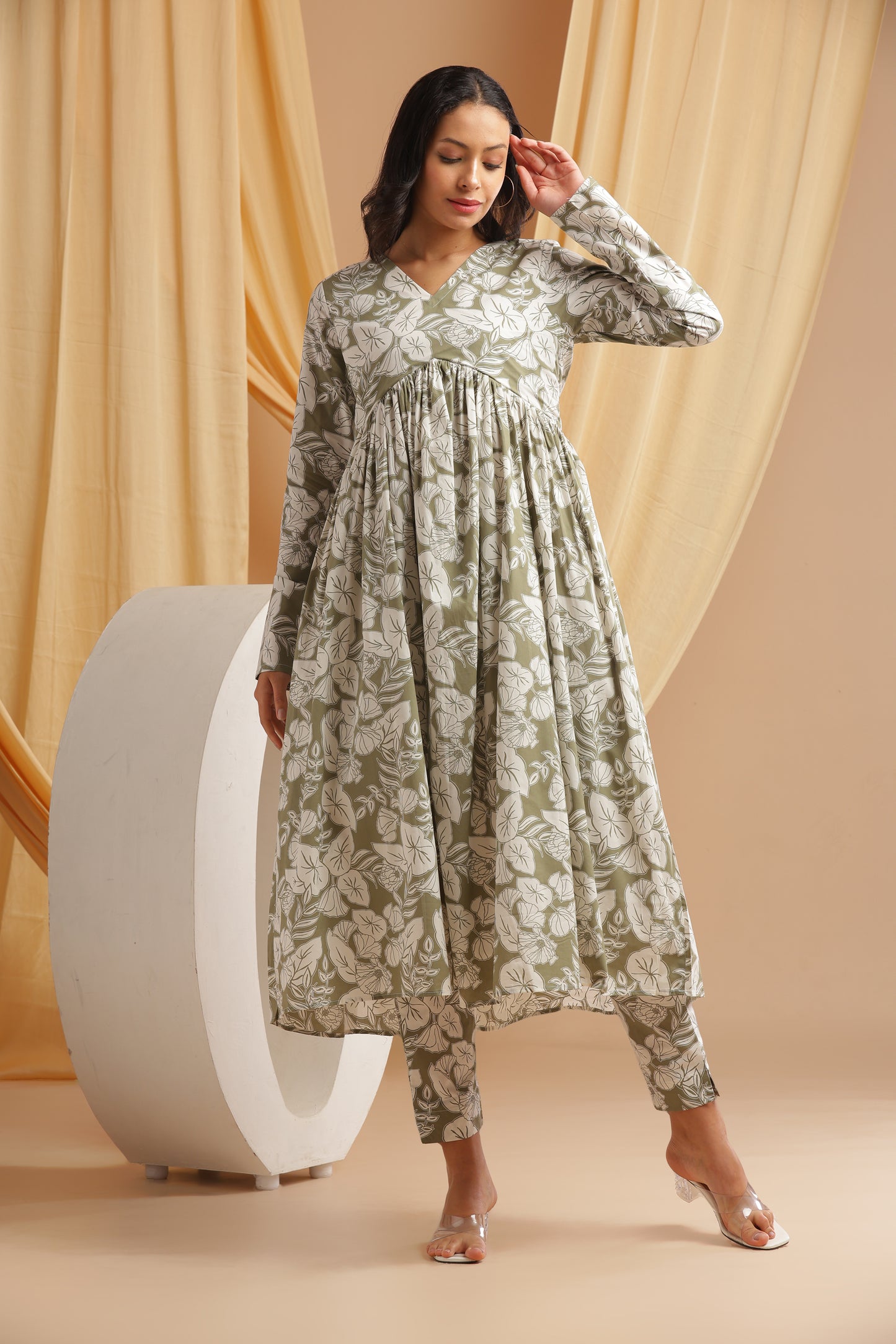 Olive Green Alia cut anarkali Coord set (YM0033)