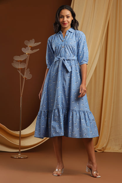 Denim Blue Floral Dress (YM0040)
