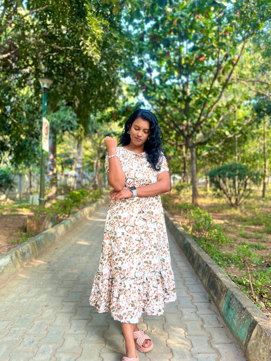 Floral White Rayon Frock (YM0023)