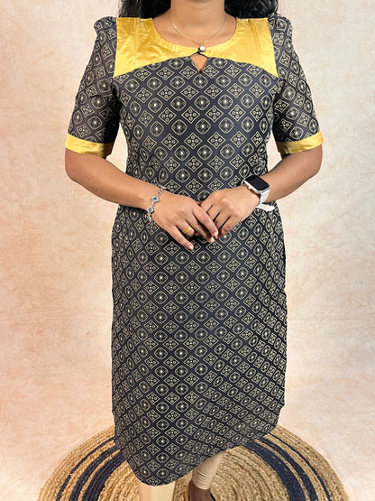Black and Gold Printed Chanderi Kurti (YM0031)
