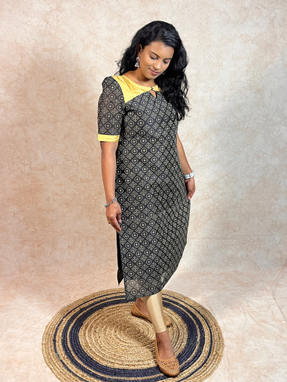 Black and Gold Printed Chanderi Kurti (YM0031)